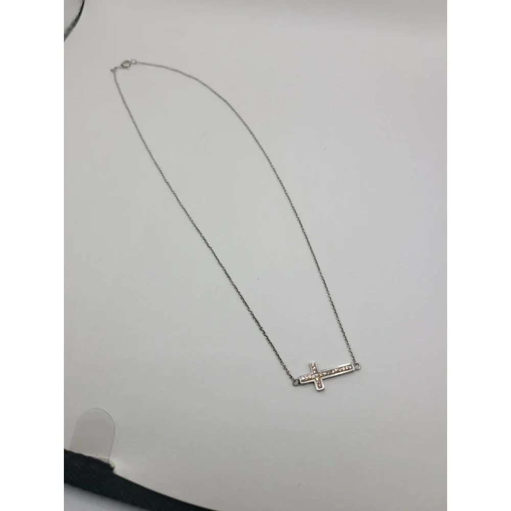 Silver Tone Sideways Cross Necklace Clear Rhinestone Christian Faith Jewelry